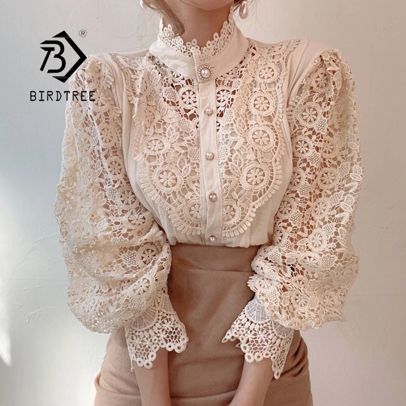 2021 Woman Korean Tops Fashionable Chic Button All-match Lace Hollow Flower Shirt Blouse T13105Y
