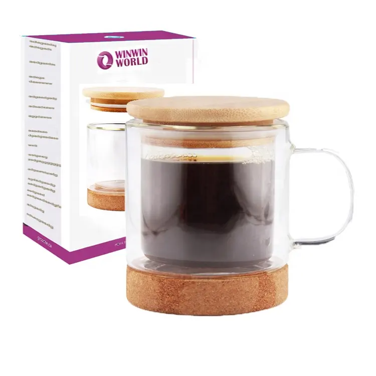 New Arrival Double Wall Borosilicate Glass Coffee Mug With Cork Base And Bamboo Lid 250ML, Cork Coffee Mug