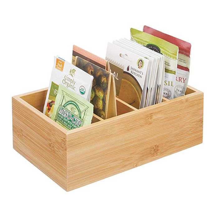 Bamboo Wood Compact Food Storage Organizer Bin Box - 4 Divided Sections - Holder for Seasoning Packets Pouches Soups Spices