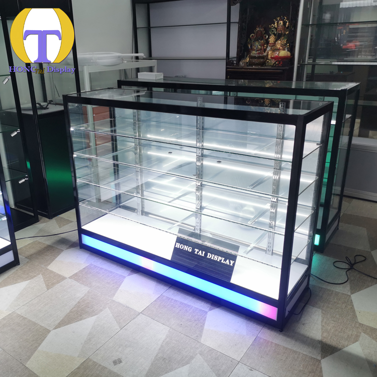 Fashion Design Extra Vision Colorful Base Glass Display Cabinet Smoke Shop Product LED Showcase
