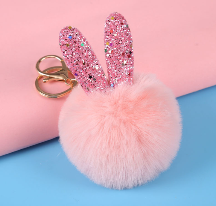 Low Price Artificial Fur Puff Balls Fluffy Cute Rabbit Ear Keychains Accessories Charm Pendant Decoration Pom Pom Ball Keychain