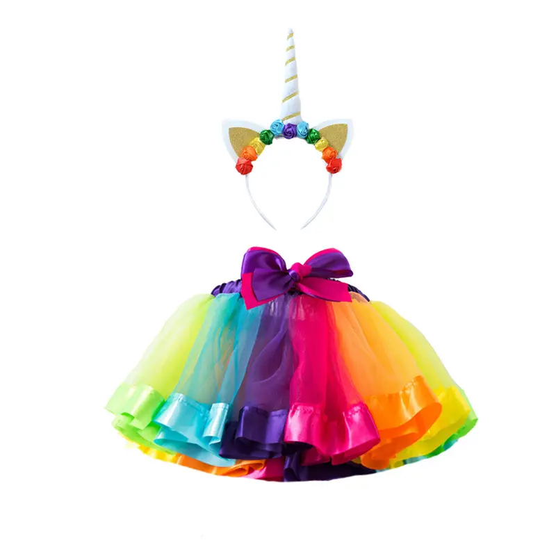 Little Girls Layered Tulle Ballet Rainbow Tutu Skirt with Flower Glitter Leather Unicorn Headband