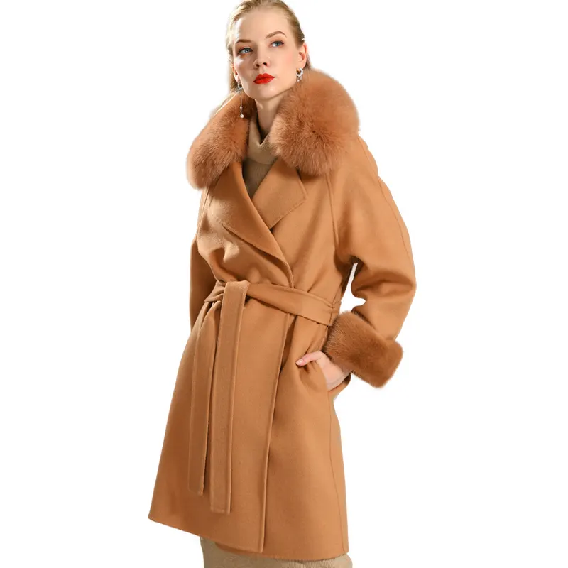 2019 кашемировые зимние пальто с норковыми манжетами шерстяная одежда пальто из натурального меха Женское шерстяное длинное пальто из лисьего меха