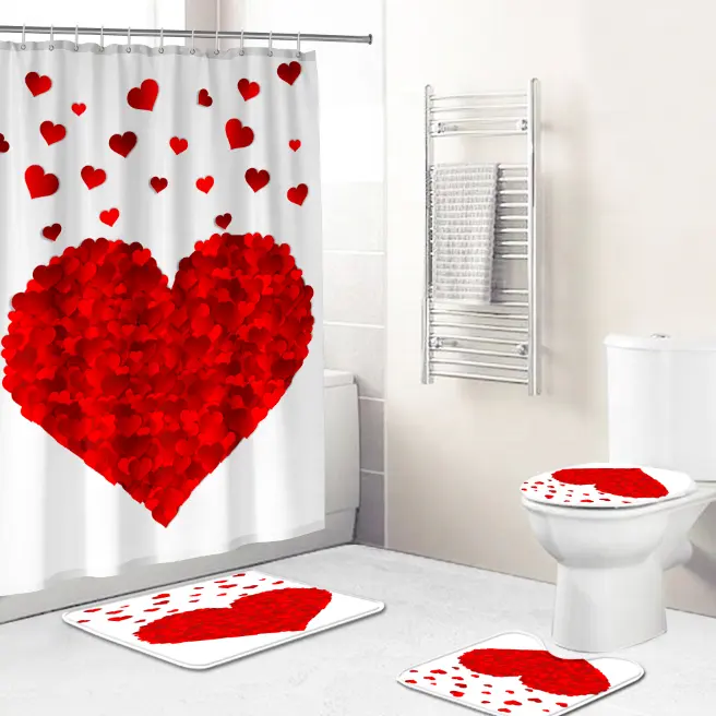 4PCS Holiday Home Shower Bathroom Products 3D Printing Romantic Waterproof Fabric Shower Curtain Anti-Slip Carpet Floor Mat