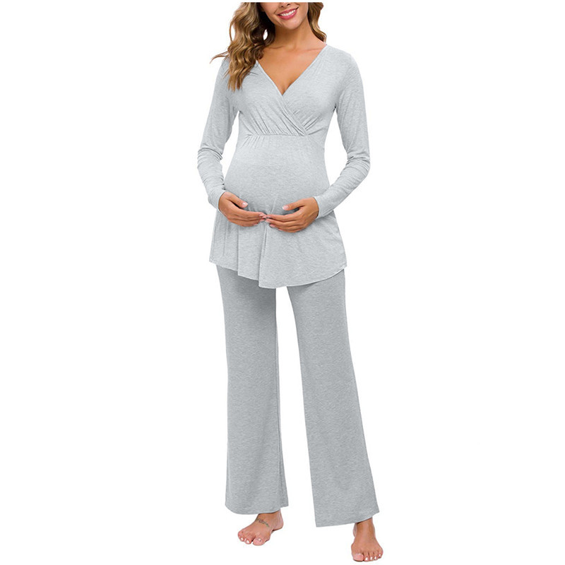 2pcs/set European Style Pregnant Women Nursing Sleepwear Fashion Solid Color Stitching Maternity Robe Pajamas Women