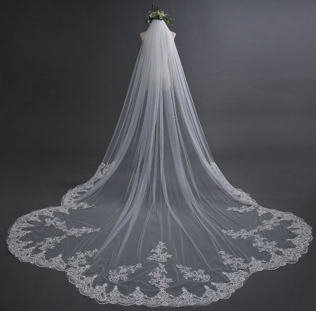 Soft Tulle Cathedral wedding veil Lace Appliqued Trimed Scalloped Bridal Veils 3M 4M 5M