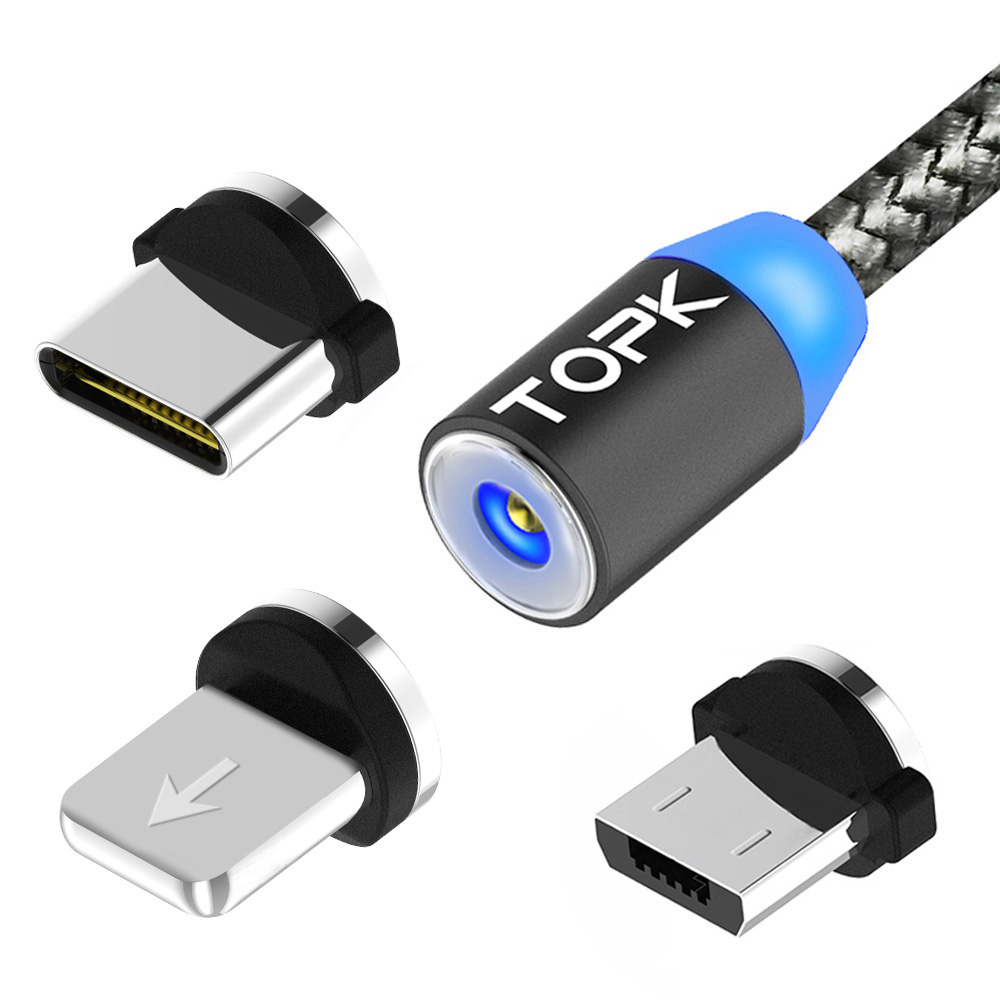 TOPK AM17 прочный жесткий нейлоновый Плетеный светодиодный USB Type C Micro USB Магнитный зарядный кабель