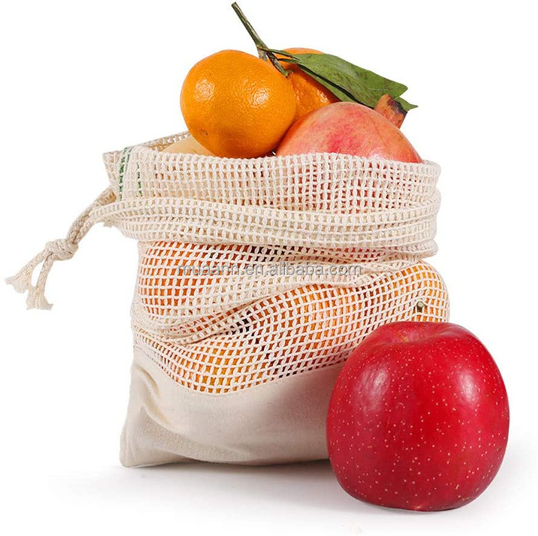 Factory direct sales Recyclable Reusable Small Cotton Fabric Produce Mesh Drawstring Bags With Customized Logo