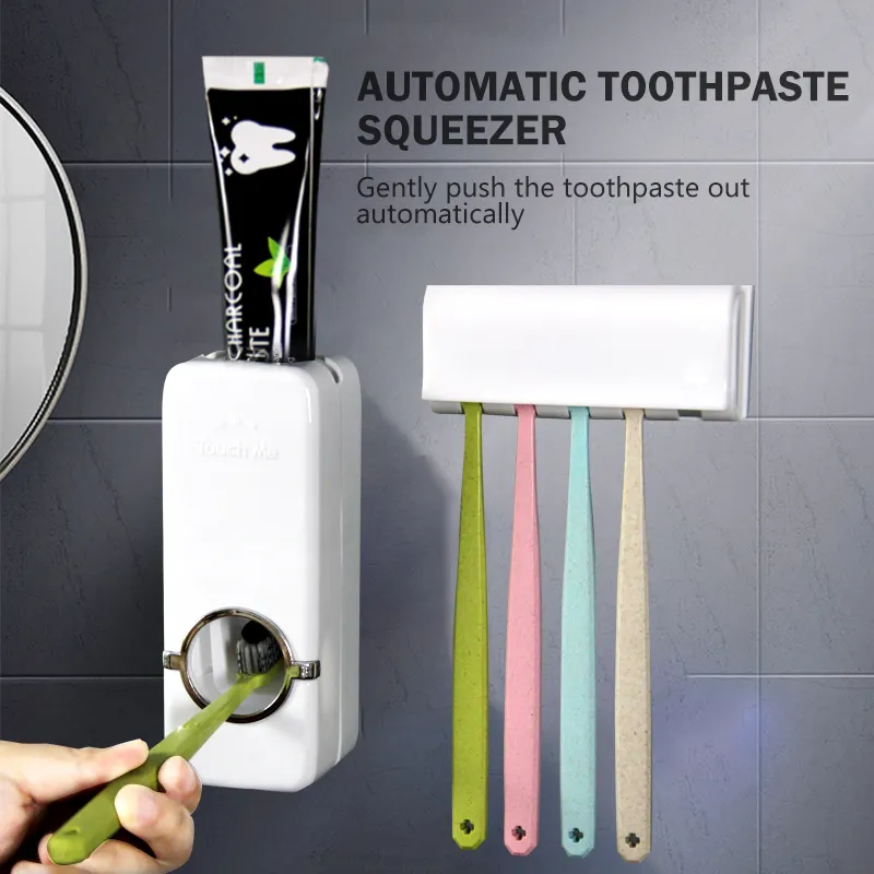 Adhesive plastic toothbrush holder tooth paste dispenser black kids with toothbrush holder for bathrooms