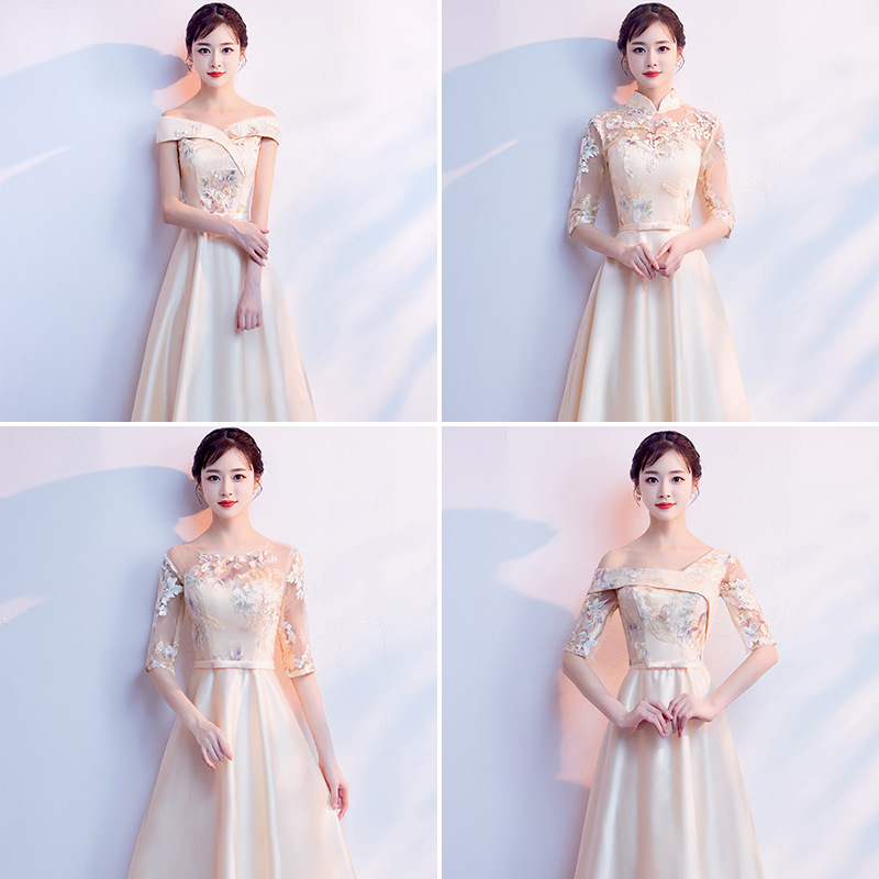 Bridesmaid Dress 2021 New Khaki Long Sleeve Annual Meeting Evening Dress Long Satin Party Dress