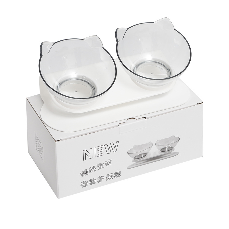 Transparent cat feeding and drinking double bowls cat bowl protect neck cat bowl