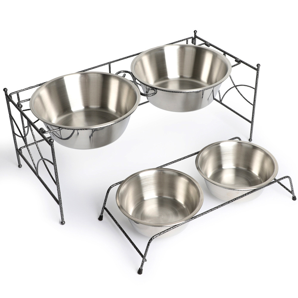 Wholesale Collapsible Iron Frame Stainless Steel Double Bowl Dog Cat Bowl Stainless Steel Pet Water Food Feeder Bowl custom logo