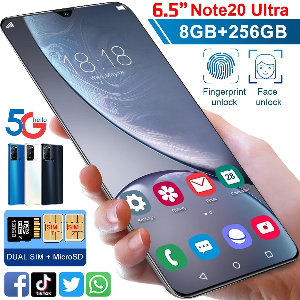 Новинка 5G Note20U 6,5 полный экран 10, четыре ядра, мобильный телефон, двойная sim-карта, глобальной телефонов celulares смартфон 8G + 256G