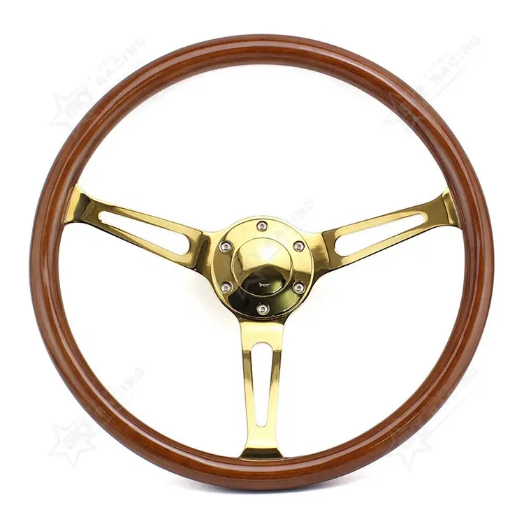 Universal 380mm Classic Real Wooden Steering Wheel 15 Inch Car Chrome Black/Gold Spoke Wood Grain Steering Wheel