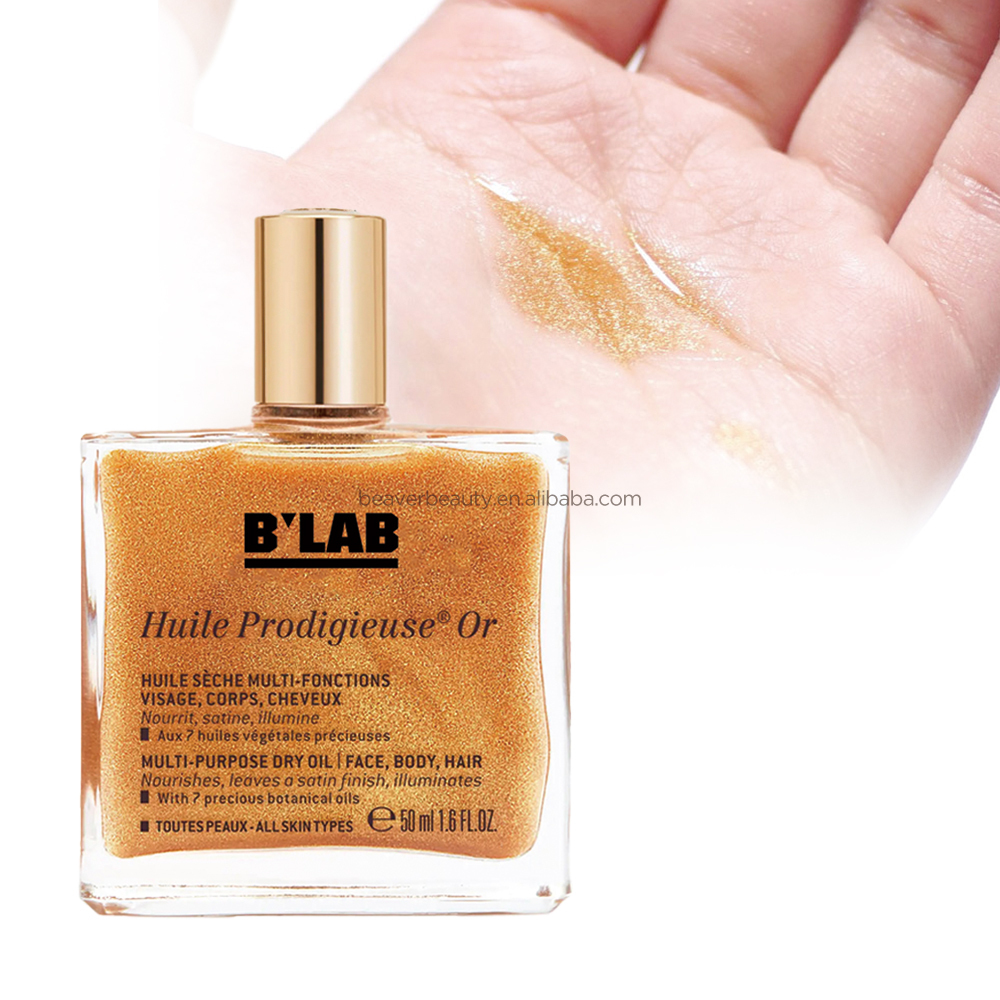 Private Label Organic Body Oil Shimmering Golden Highlighter Cosmetic Glitter Body Glow Liquid Vegan Shimmer Body Oil Spray