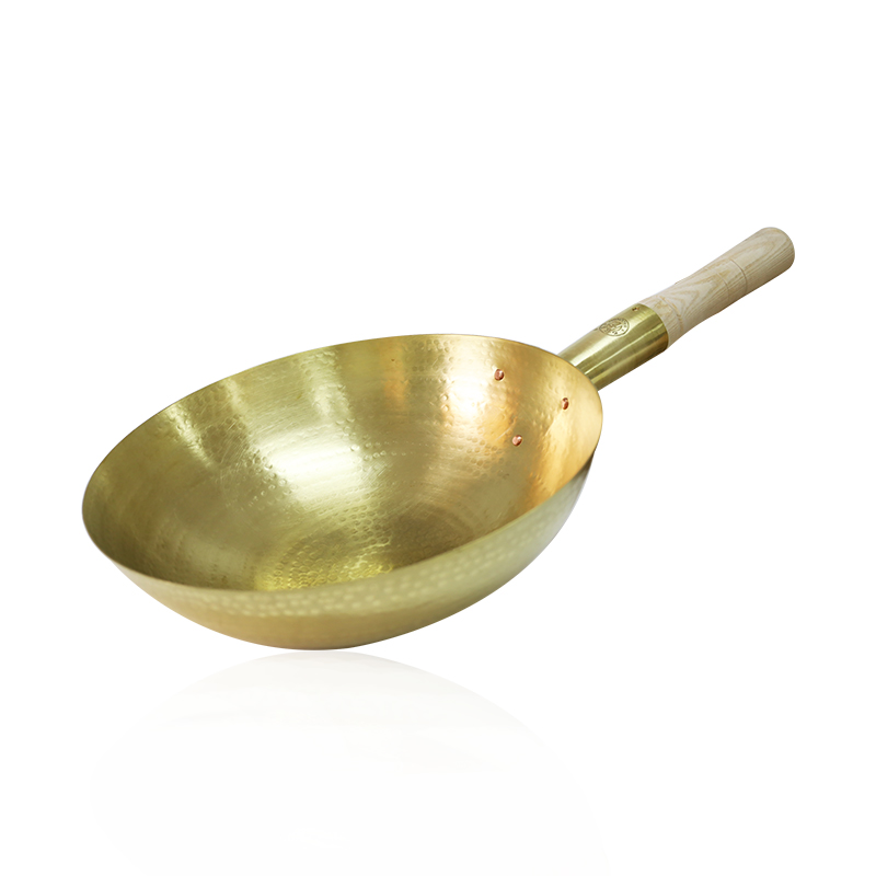 Balunbei hand-hammered pure brass wok household copper wok stir-fry round bottom wok uncoated single handle commercial without c