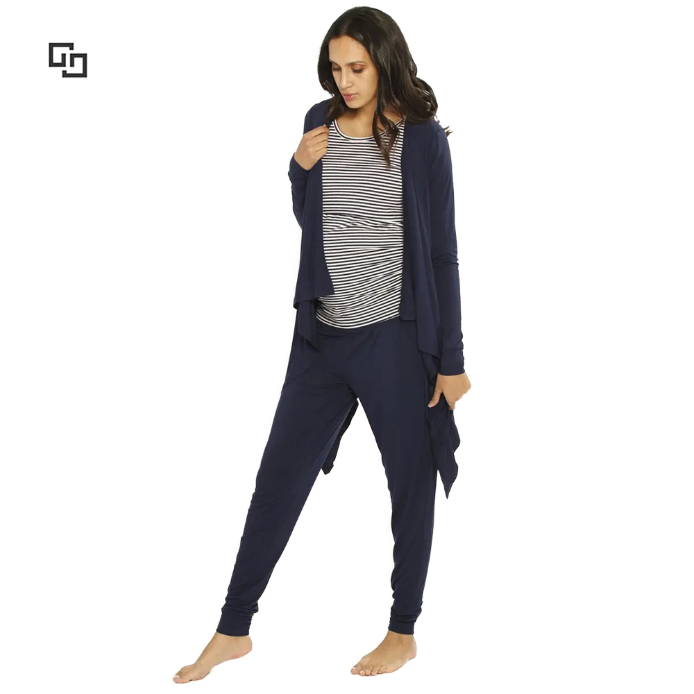 3 Pieces Pregnancy Clothes Stripe Cardigan Drapey Nursing-Friendly Tank And Long Pants Rayon Maternity Nursing Set