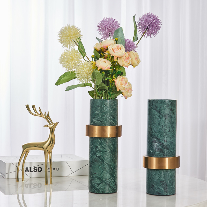 Nordic Style Green Marble Stone Vase Home Decoration Modern Wedding Marble Vases For Flower Marble Pot With Metal Hardware Liner