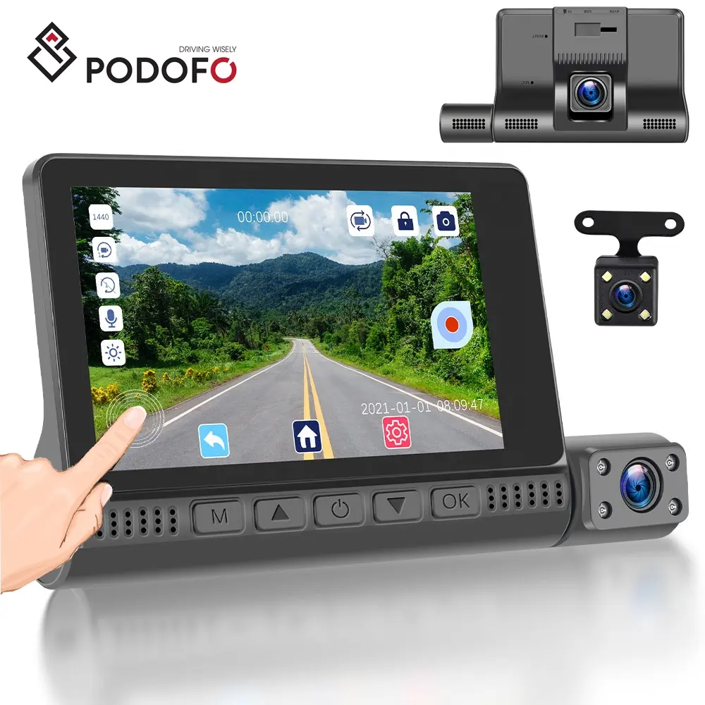 Podofo 4'' Touch Screen 3 Lens Car DVR Dash Cam 1080P HD Night Vision Car Camera Car Video Recorder Wholesale