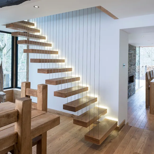 Luxury Floating wooden staircase design stairs with glass step wood treads