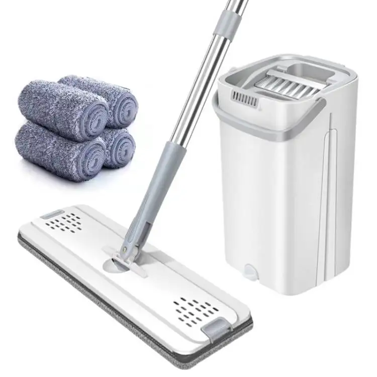 FF277 Home Floor Cleaning Tools Squeeze Mop Bucket Set with Stainless Steel Handle Microfiber Flat Mop Bucket Set
