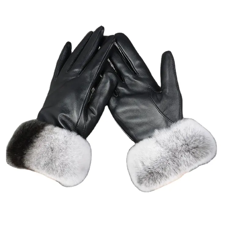Women Fashion Sheepskin Mittens Winter Real Leather Gloves with Rabbit Fur