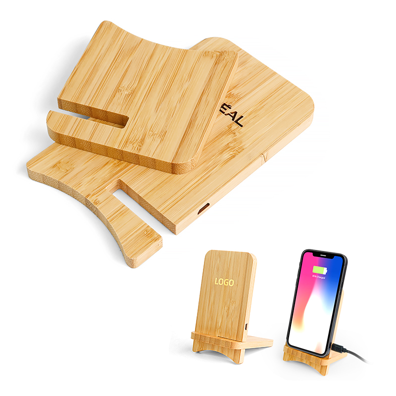 Universal 10W wireless charging pad mobile phone Desktop custom led Light up logo 2 in 1 wood bamboo wireless charger stand