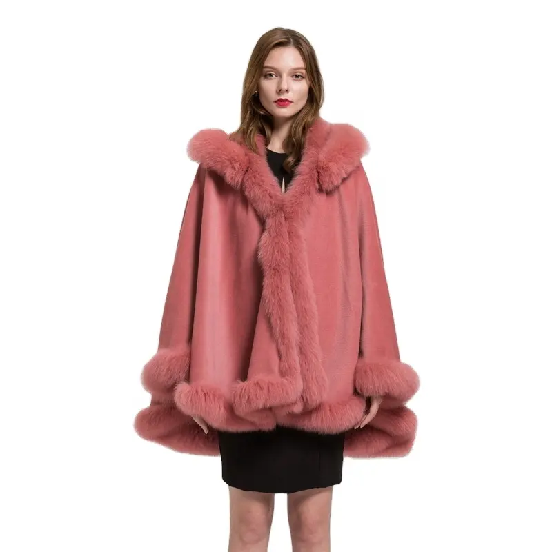 Detachable Hooded Real Fur Shawls Coat Winter Women Fur Capes Ponchos with Genuine Fox Fur Collar