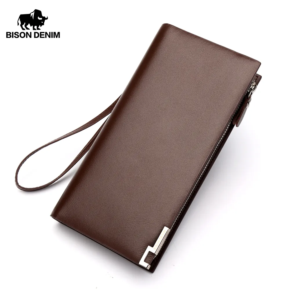 BISON DENIM Genuine Leather Wallet Men Business Clutch Wallets Coin Purse Coffee long wallet Organizer Zipper card holder