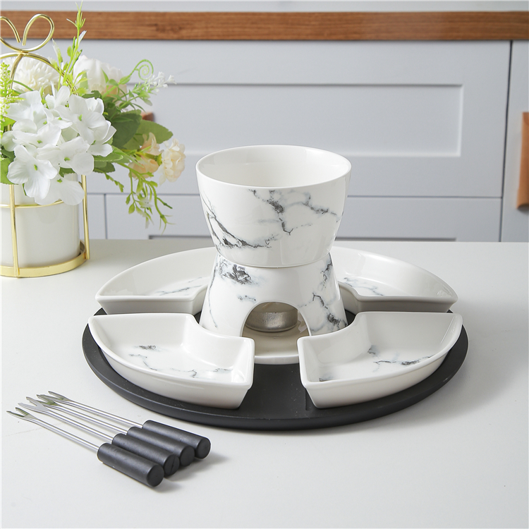 Hot sale custom marble fondue wholesale restaurant hotel ceramic porcelain fondue pot sets