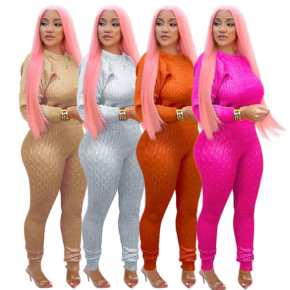 Оптовая продажа P6270A дамы повседневное вязать бинты bodycon брюки для девочек и топ с длинными рукавами комплект из двух предметов
