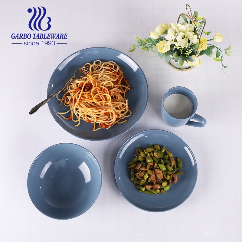 Factory cheap 16pcs dinner set custom blue color painted bowl and plate ceramic tableware set cheap stoneware dinnerware set