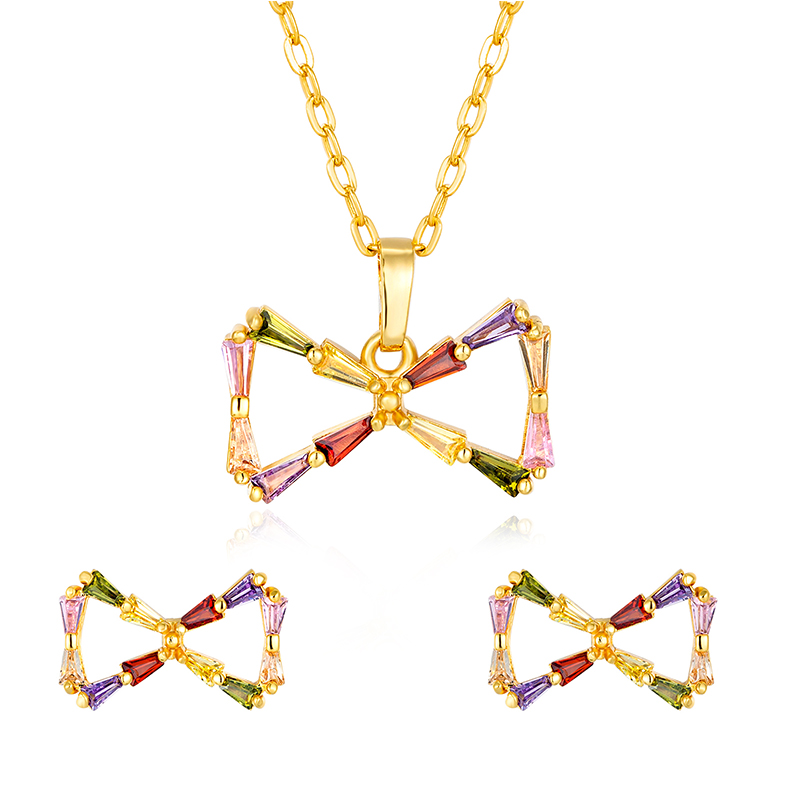 Top Quality Women Colorful Bow Tie Shape Necklace And Earrings 24k Gold Plated Jewelry Tools Set