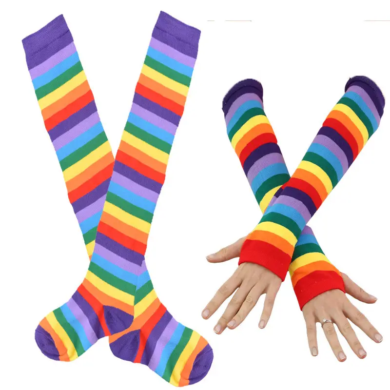 Wholesale Striped Fashion Kids Rainbow Knee High Socks With Gloves