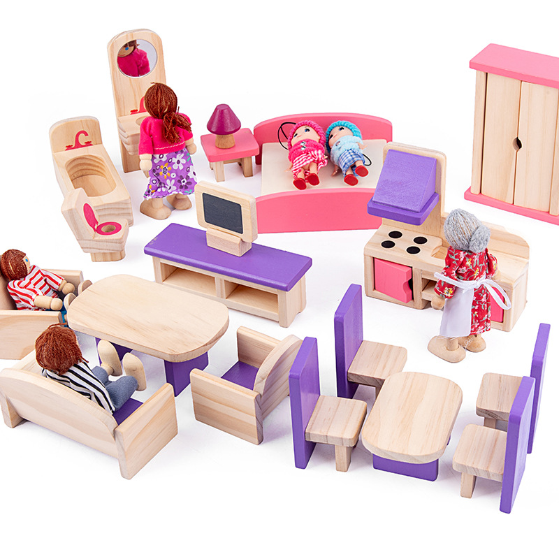 Children's Wooden Mini Simulation Doll Sofa Cabinet Wardrobe Small Furniture Set Toys