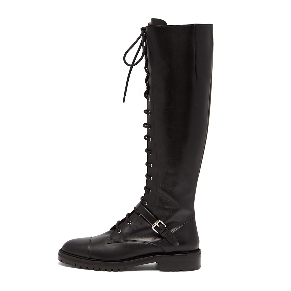 Lace up Black Knee High Boots Flat Women Riding Boot Long Tall Ladies Winter Shoes