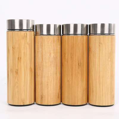 Double Wall Stainless Steel Bamboo Cup Vacuum Insulated Tea Bottle with Tea Infuser