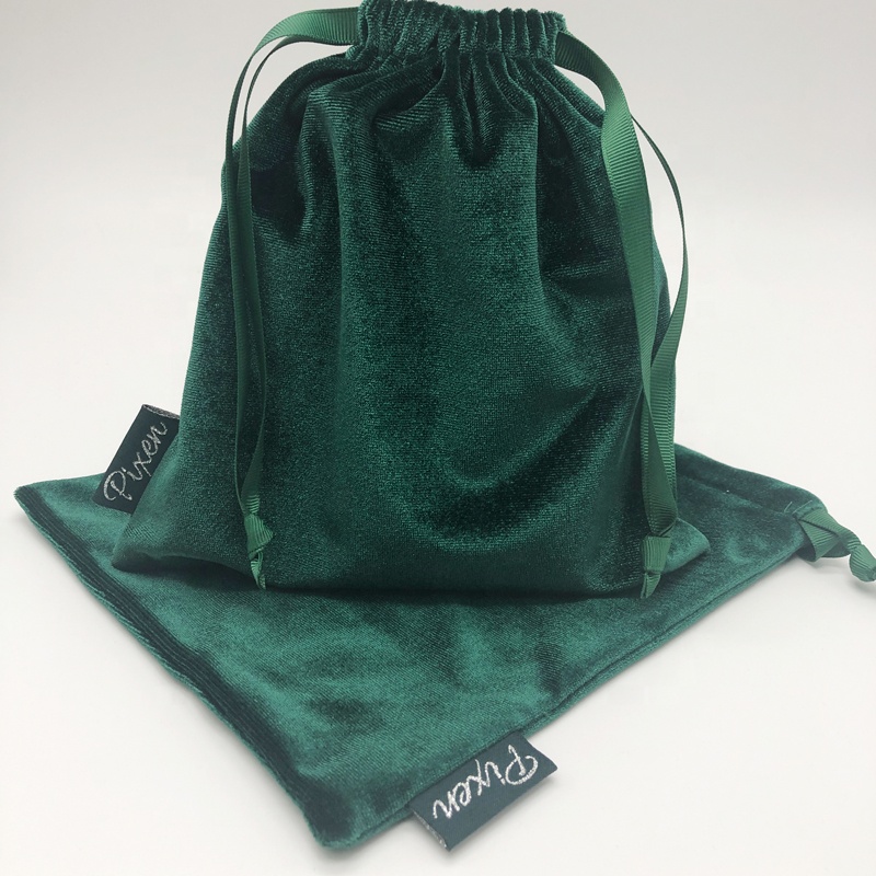 Custom high quality multi purpose packaging bag gree velvet drawstring gift pouch with logo custom for shoes handbag clothes