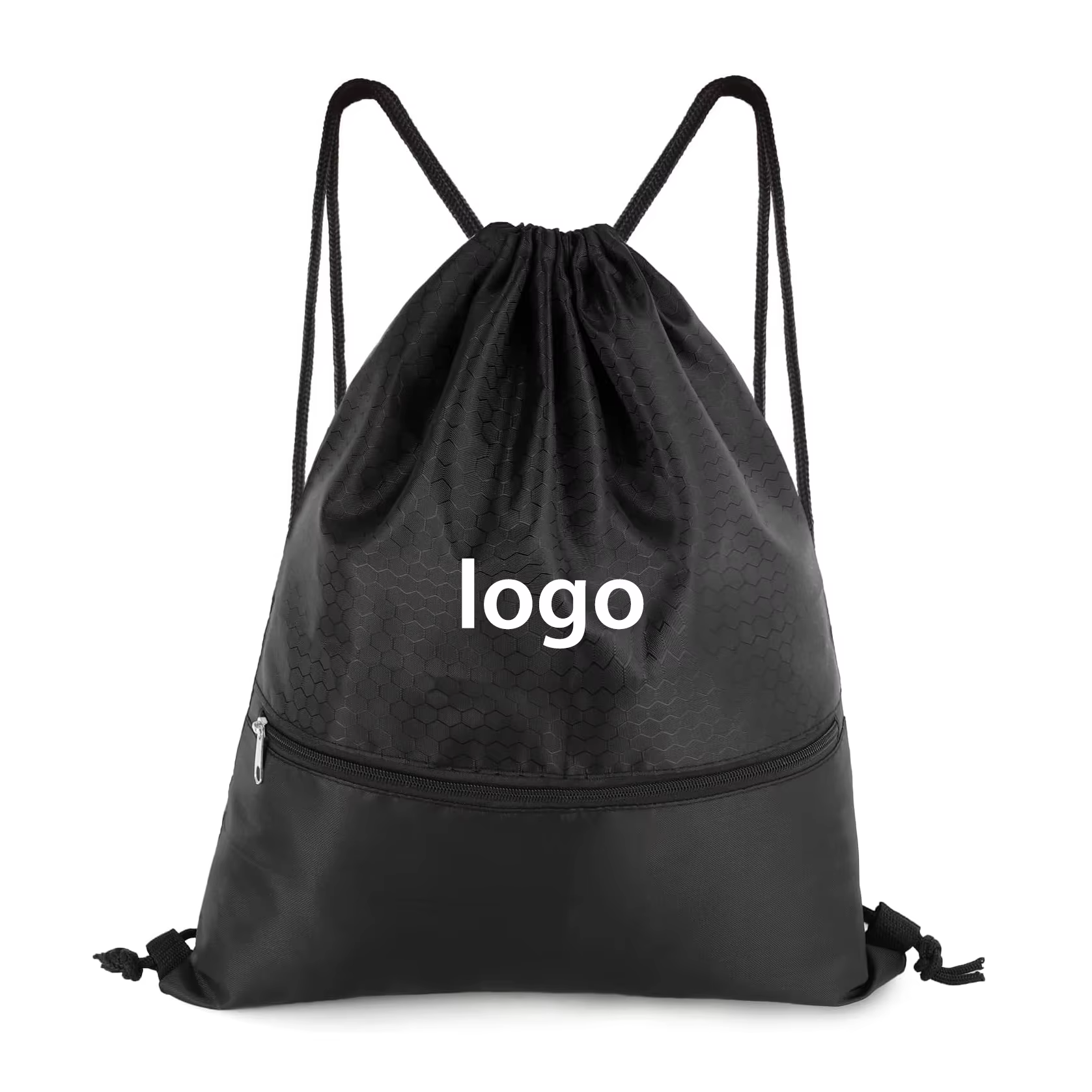 Custom Gym Swim Backpack Recycled Polyester Waterproof Zipper Pocket Black Drawstring Bag With Straps
