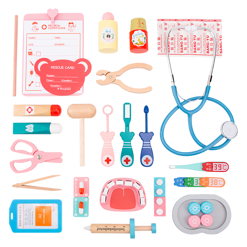 Baby doctor role playing injection tool simulation medicine boxdoctor toy play medical set Wooden doctor set toy