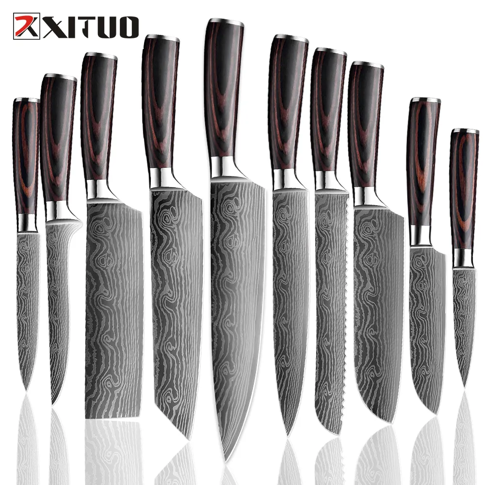 XITUO Kitchen Chef Knives Set 7 PCS Japanese Damascus Laser Pattern Slicing Santoku Tool 7CR17 440C High Carbon Steel New Hot