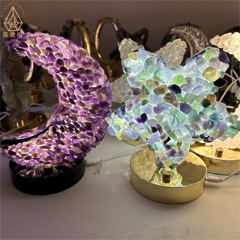 Kindfull Amethyst Fluorite Lamps Hand Made Quartz healing Stones Moon Star Shape Crystal Lamps for Meditation