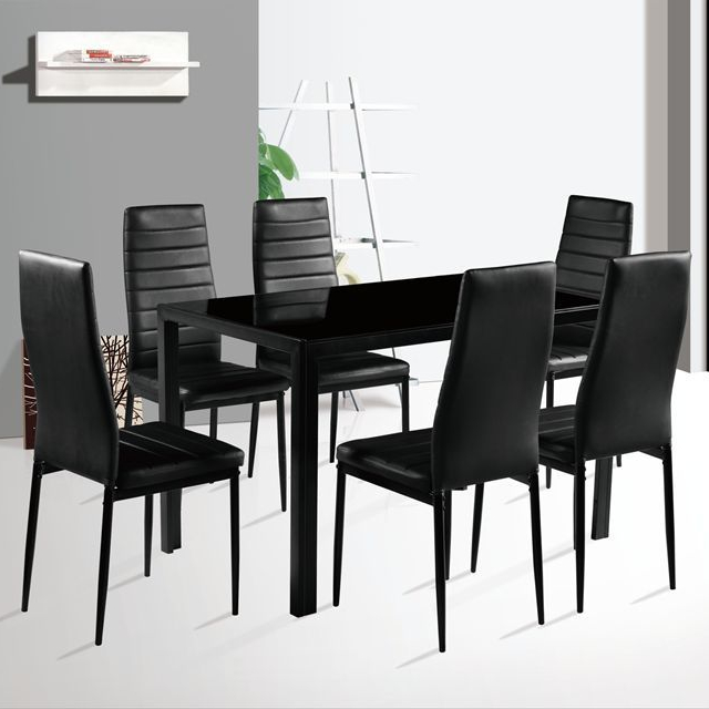 Modern Black Rectangular PVC Leather Seat Tempered Glass Top Dining Table And 6 Chairs