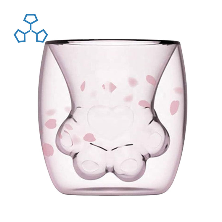 Novelty Personalized Creative Fancy Animal Cat Paw Sakura Cute Coffee Double Wall Glass Cups