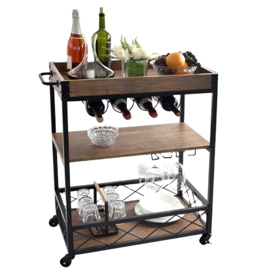 Home Bar Cart,Rustic Bar Cabinet Kitchen Island&Serving Cart Rolling Storage Cart with 3-Tier Shelves