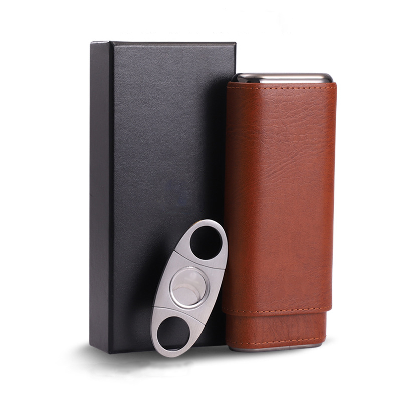 Luxury Leather Cigar Tube Cigar Cutter Holder Gift Set