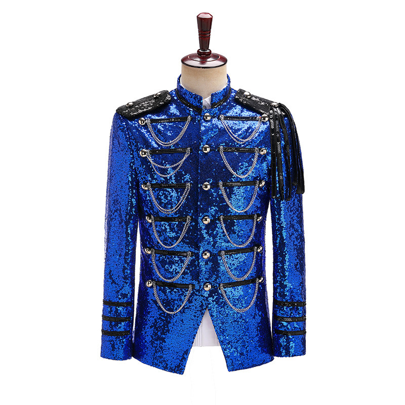 Black Sequin Coat Steampunk Blazer Stand Collar Fringe Design Blazer Nightclub Costume Party Prom Rock Outfit Blue Stage Clothes