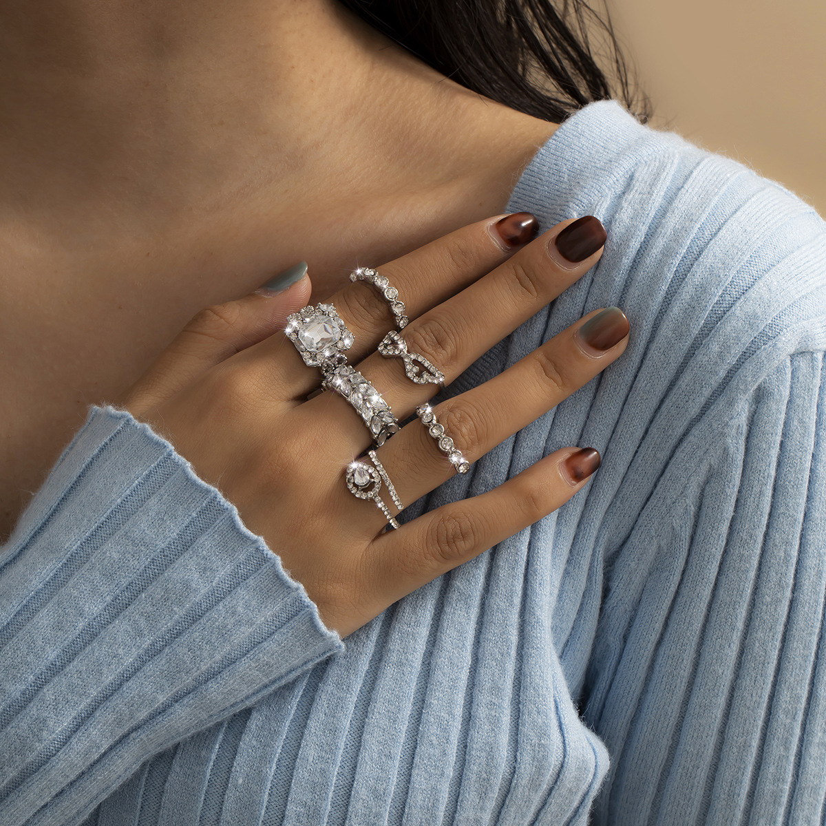 6pcs/set Bohemia Chic Fashion Geometric Waterdrop Crystal Diamond Alloy Finger Ring for Women Girls