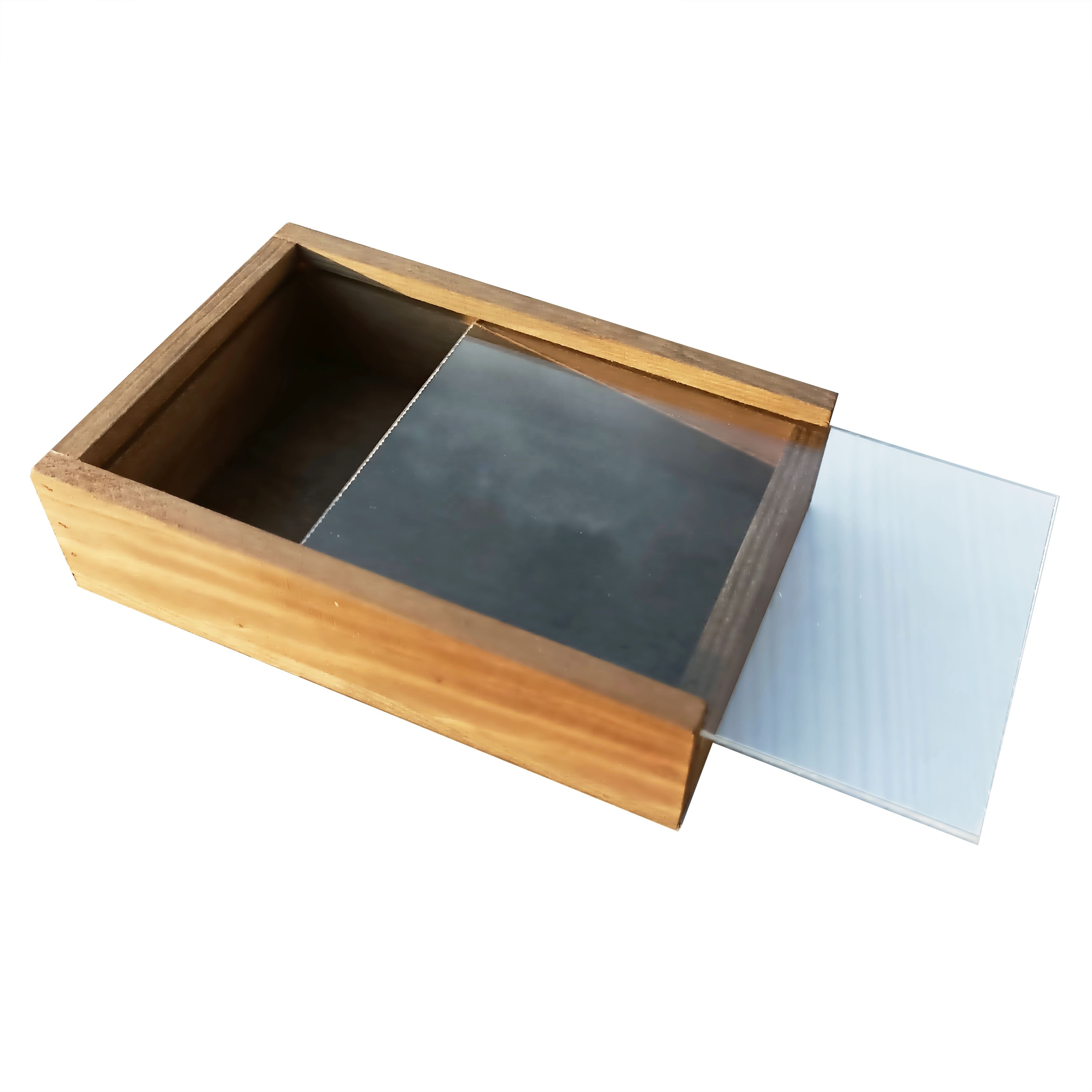 Customized Wooden box with sliding lid transparent glass clear lid drawer box pine / paulownia wood box