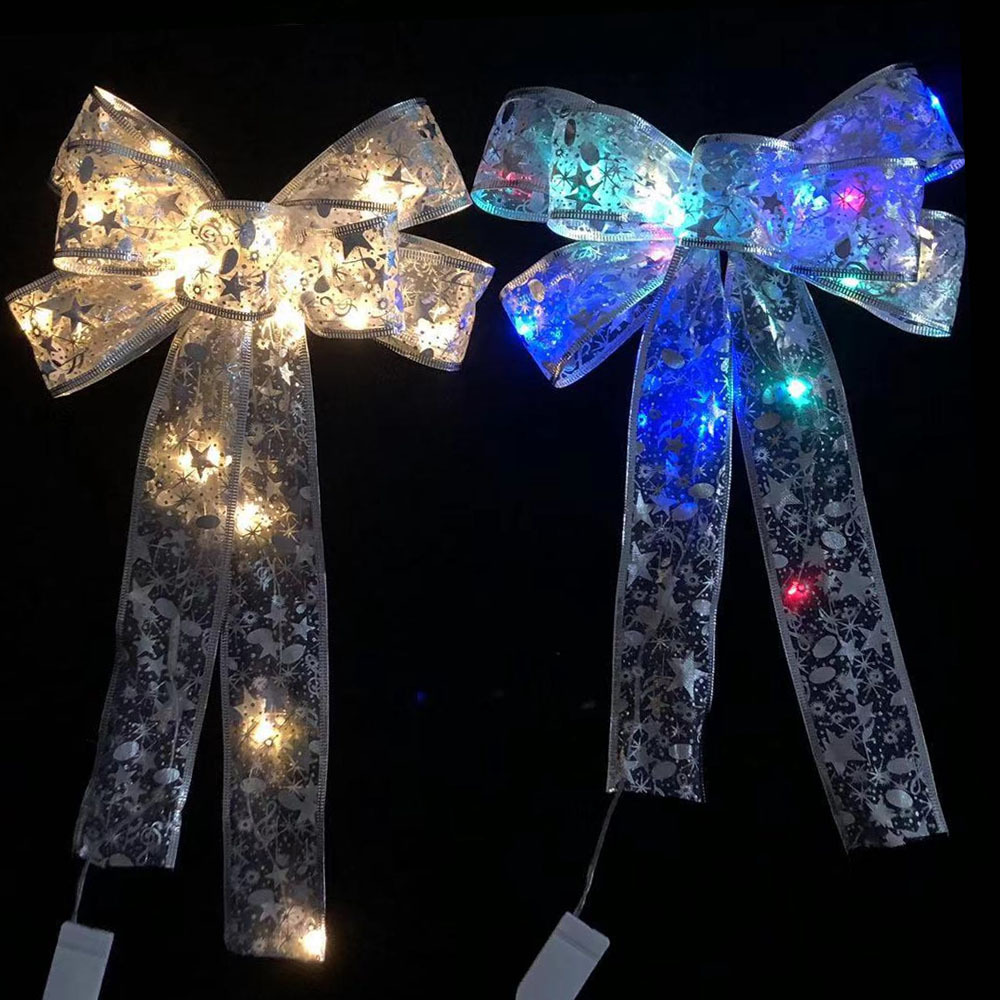 New design Transparent silver Christmas bows with warm white LED lights Christmas tree decorations lighted New Year bows